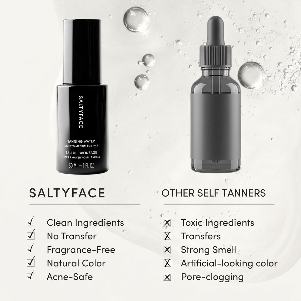 SALTYFACE - Tanning Water (Light to Medium) - Self Tanner for Face, Neck, Ears, Chest - No Color Transfer - Oil Free, Fragrance Free - Streak-Free, Non-Clogging - Vegan Skin Care - 1 FL OZ (30 ML)