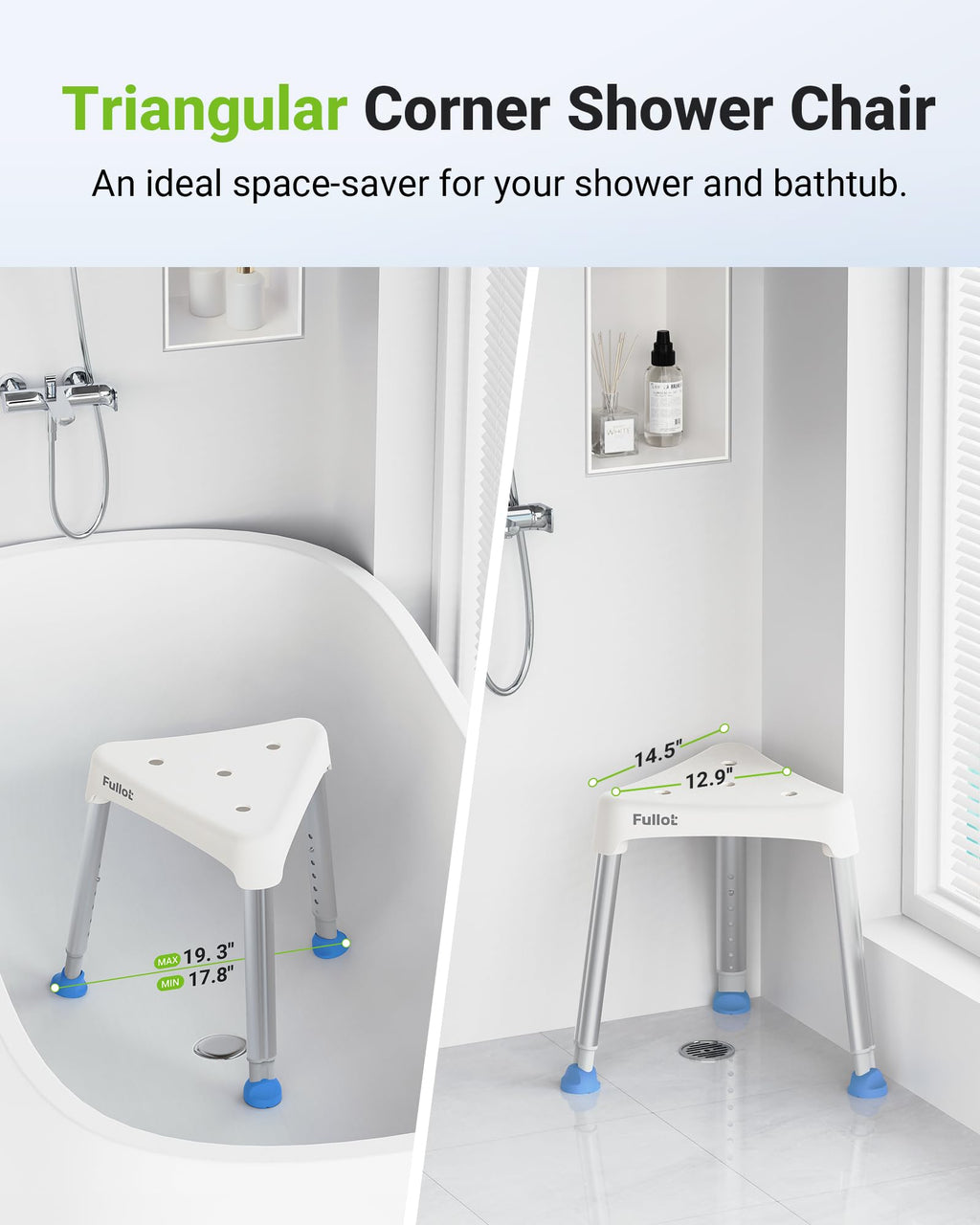 Space-Saving Triangular Shower Chair for Inside Shower, FSA/HSA Eligible 400 lbs Adjustable Shower Stool for Elderly and Disabled, Non-Slip Bathtub Chair with Stable-Bracing, Tool-Free Assembly, White