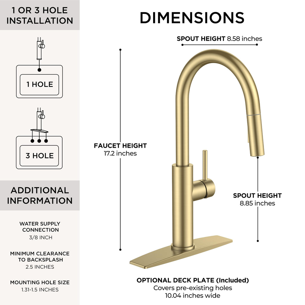 FORIOUS Kitchen Faucet with Pull Down Sprayer, Classic Brushed Gold, Single Handle High Arc Stainless Steel Kitchen Sink Faucet, 1 or 3 Hole Deck Mount for RV, Bar, Farmhouse, Laundry, Outdoor