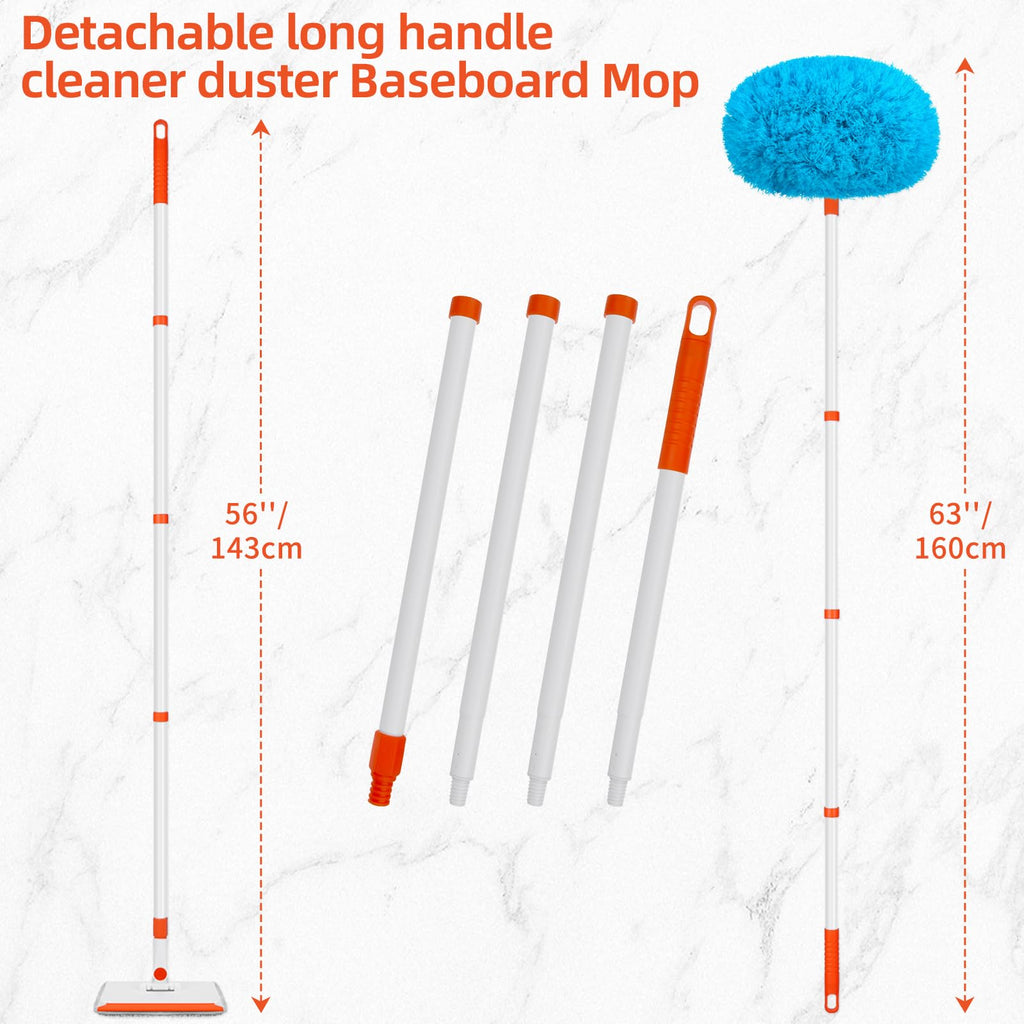 Baseboard Cleaner Tool with Handle, Extendable Long Handle Baseboard Cleaning Duster with Reusable Pads for Floorboard, Ceiling Fan Blade Cleaner Duster (Blue)