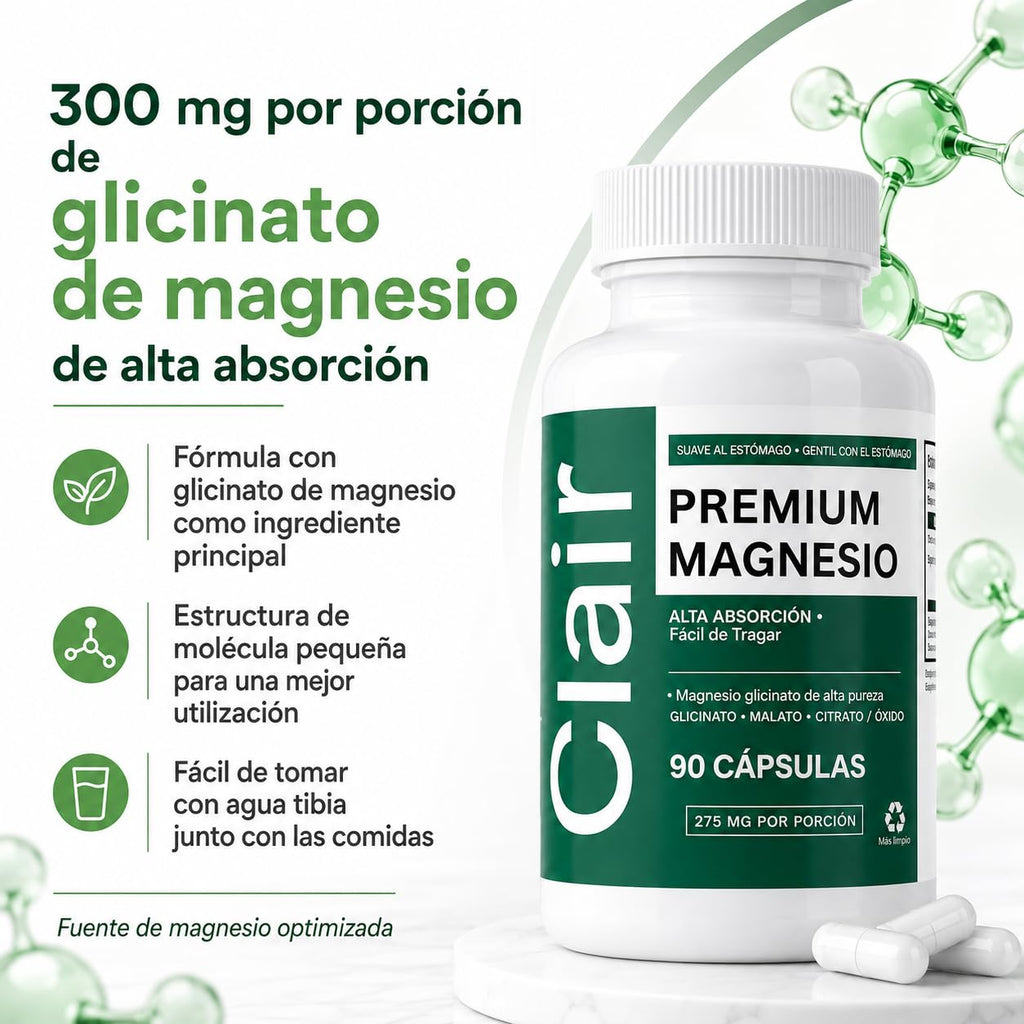 Clair Magnesio Premium, with B6 D3 Zinc – 4-in-1 Blend, Gentle on Stomach, Full Body Unwind – Muscle Relaxation + Digestive Comfort + Sleep Aid. (Glycinate, Malate, Citrate, Oxide) 90 Capsules