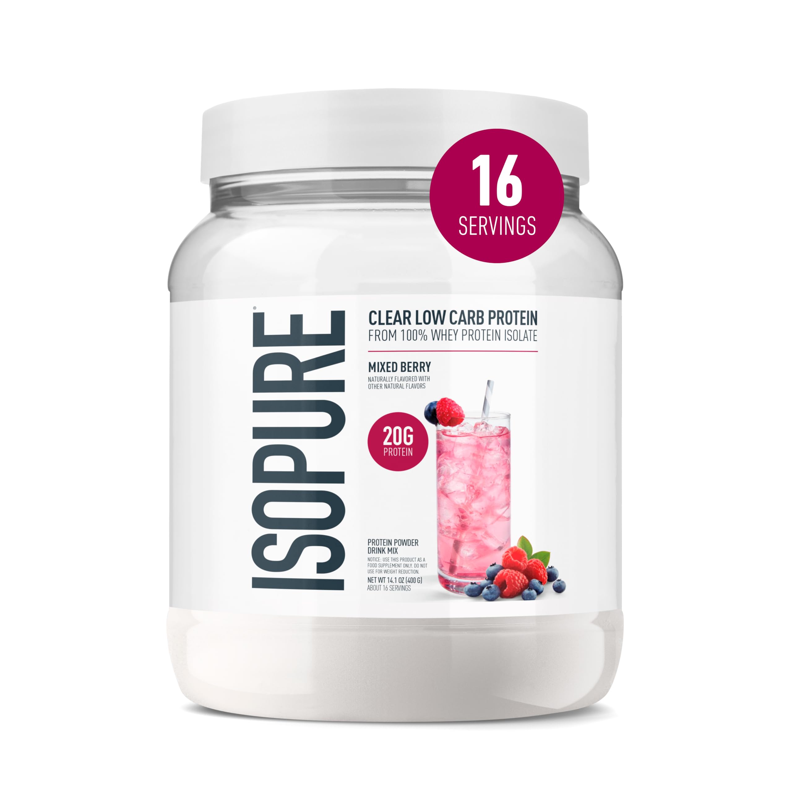 Isopure Clear Whey Isolate Protein Powder, Lactose Free, Gluten Free, Naturally Flavored, Mixed Berry, 20g Protein Per Serving, 14.1 Oz, 16 Servings (Packaging May Vary)