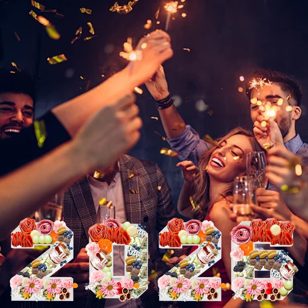 2026 Plastic Fillable Charcuterie Number Letter Shaped Serving Tray, Waterproof Food Dish Plate, 10 inch, New Year Graduation Party Treat (2026)