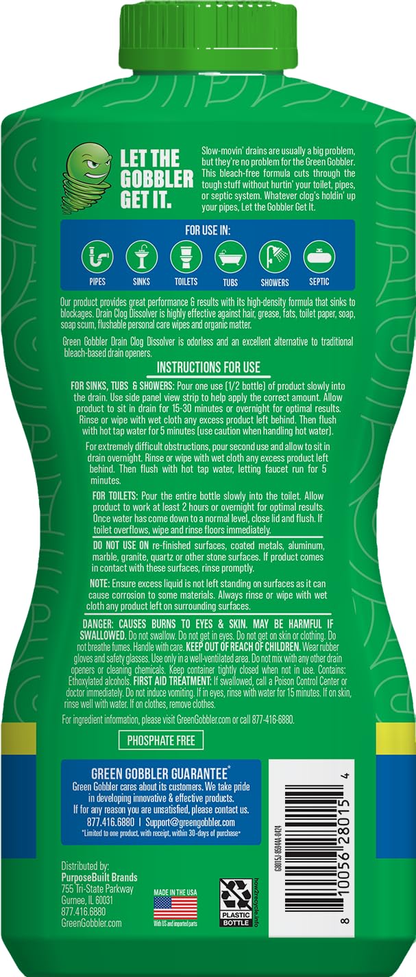 Green Gobbler Drain Clog Dissolver, Drain Opener-Cleaner ,Toilet Clog Remover, 31 oz