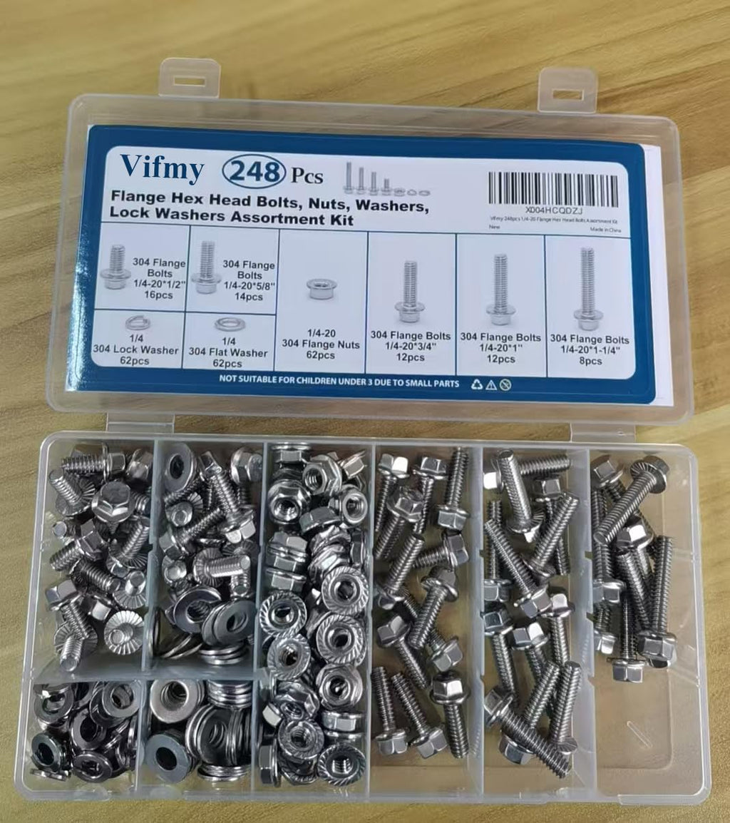 Vifmy 1/4-20 Bolt x (Length 3/4", 1", 1-1/4") 304 Stainless Steel Flange Head Bolts Assortment Kit (248 Pack) with 1/4 20 Bolt, Serrated Flange Nuts, Washers, Full Thread
