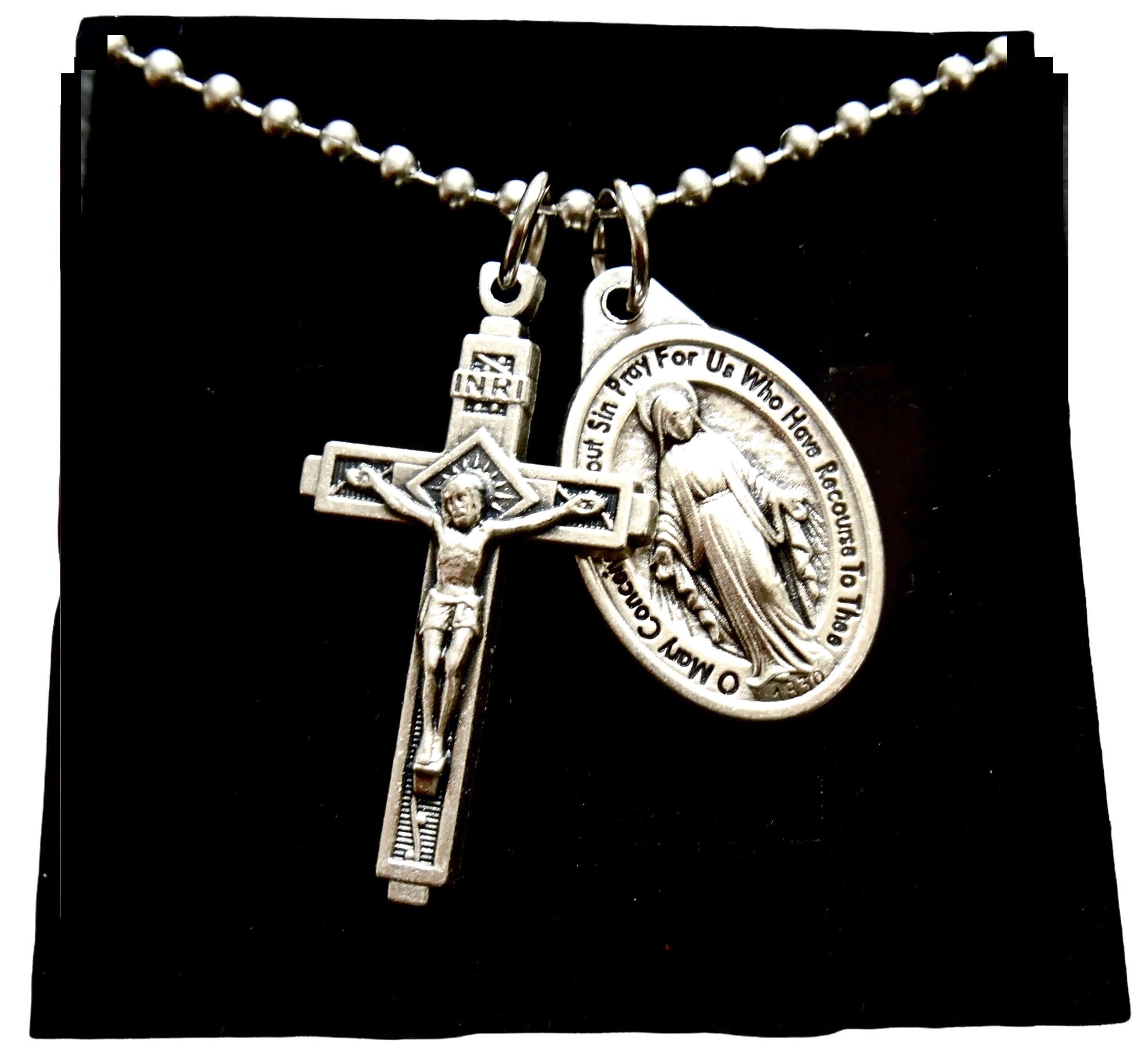 Mens Cross and Miraculous Medal Necklace, 30 Inch