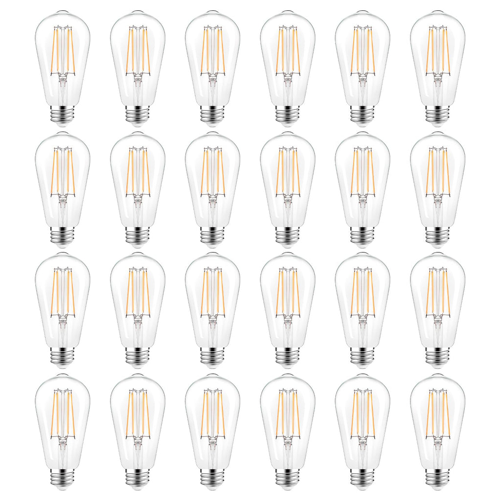 PARTPHONER LED Light Bulbs Dimmable Vintage Edison Bulb, E26 LED Bulb 60W Equivalent 720 Lumens, Warm White 2700K, ST58 Antique LED Filament Bulb CRI 85+, Clear Glass, Pack of 24