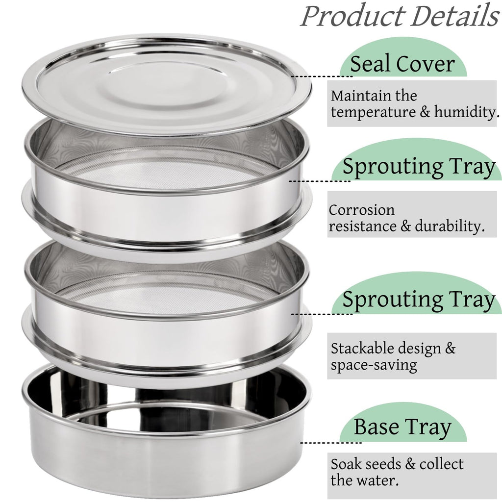 Tlence 9" Stackable Stainless Steel Seed Sprouting Kit, 3-Tier Mesh Germination Tray, Seed Sprout Grower with Lid Base, Microgreens Propagator for Beans Peas Broccoli Wheat Grass, Soil Free