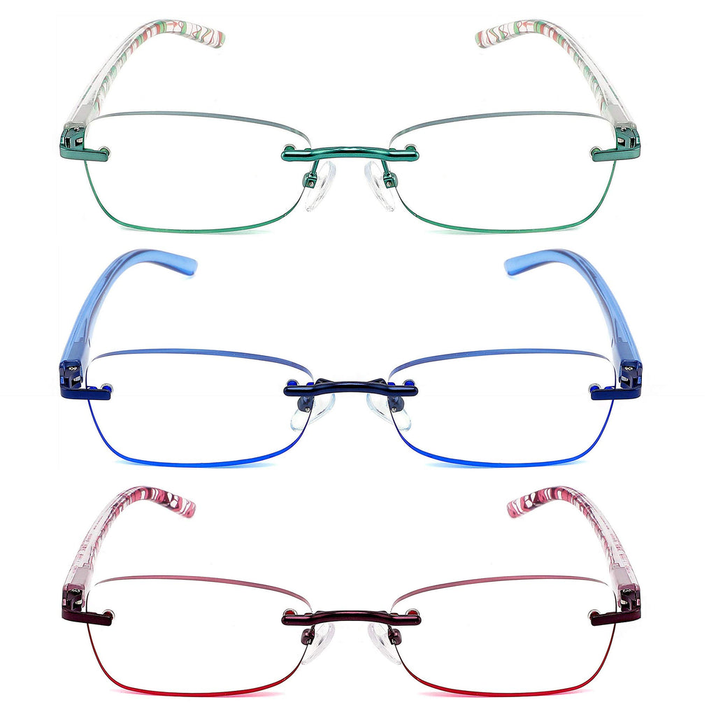 JJWELL 3 Pack Blue Light Blocking Reading Glasses for Women, Anti Eyestrain/Computer Glare UV 400 Filter Readers with Spring Hinge, Lightweight Rimless Tinted Metal Blue Rays Eyeglasses (4.00)