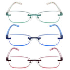 JJWELL 3 Pack Blue Light Blocking Reading Glasses for Women, Anti Eyestrain/Computer Glare UV 400 Filter Readers with Spring Hinge, Lightweight Rimless Tinted Metal Blue Rays Eyeglasses (4.00)