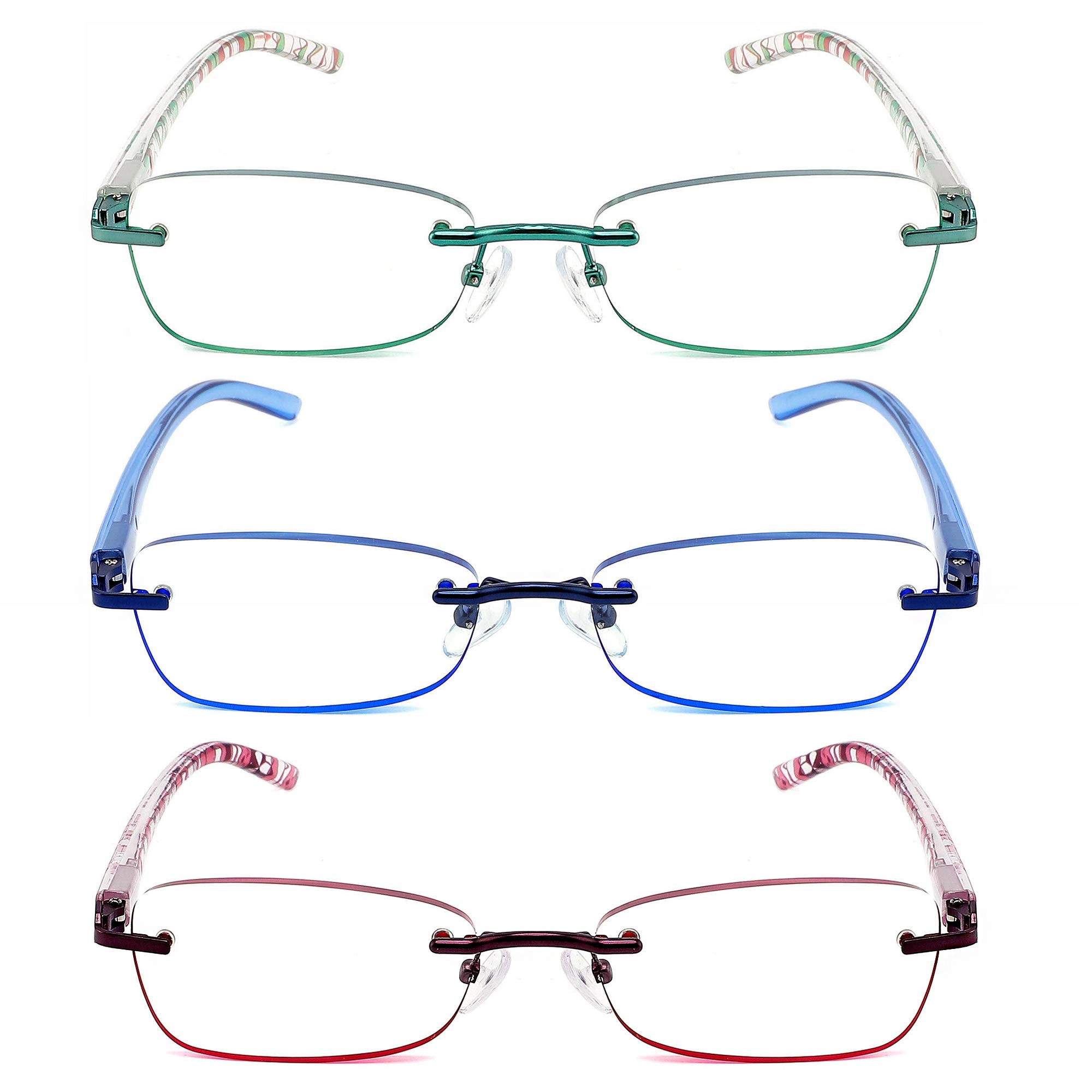 JJWELL 3 Pack Blue Light Blocking Reading Glasses for Women, Anti Eyestrain/Computer Glare UV 400 Filter Readers with Spring Hinge, Lightweight Rimless Tinted Metal Blue Rays Eyeglasses (4.00)