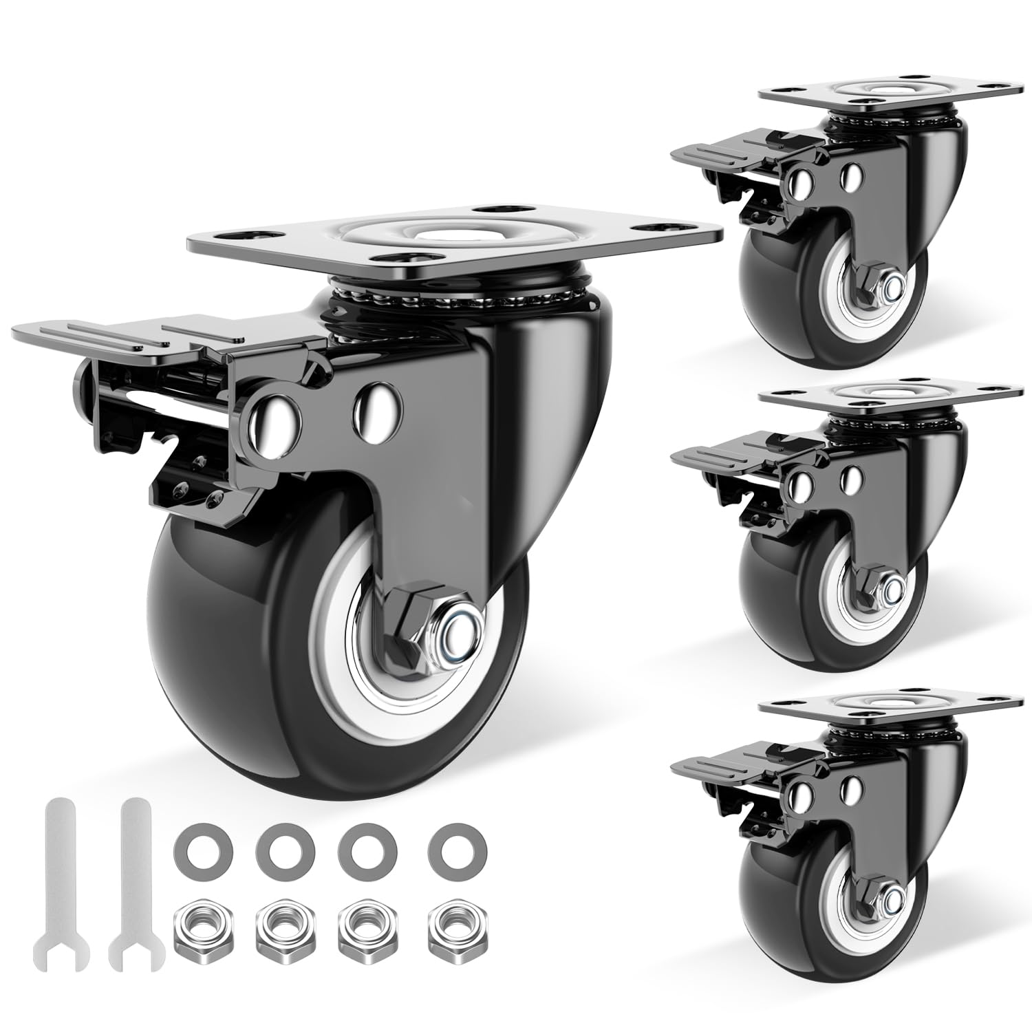2 Inch Caster Wheels Set of 4, Heavy Duty Casters with Brake, No Noise Locking Swivel Casters with Polyurethane (PU) Wheels, Caster Wheel for Cart, Furniture and Workbench (Two Hardware Include)