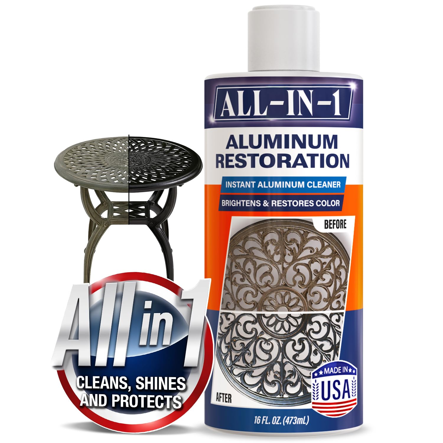 All-In-1 Aluminum Cleaner & Restoration Solution – Made in USA, Restores Faded Patio Furniture, Garage Doors, & Outdoor Fixtures, Aluminum Brightener & Restorer for All Painted Metal Surfaces, 16 OZ
