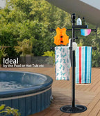 Pool Towel Rack Outdoor, 6 Bars with Top Tray Metal Heavy Duty Never Tilt Pool Accessories with Heavy Metal Base, Hot Tub Accessories Towel Dying Rack Towel Stand for Pool, Hot Tub etc