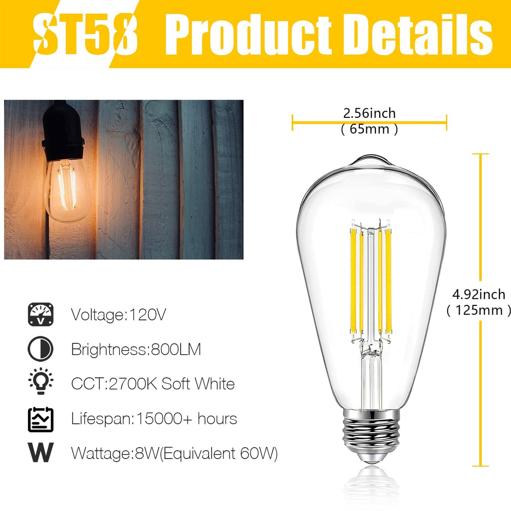 DAYBETTER 12 Pack Vintage LED Edison Bulbs, E26 Led Bulb 60W Equivalent, Dimmable Led Light Bulbs, High Brightness 800 LM Warm White 2700K, ST58 Antique Filament Bulbs, Clear Glass Style for Home
