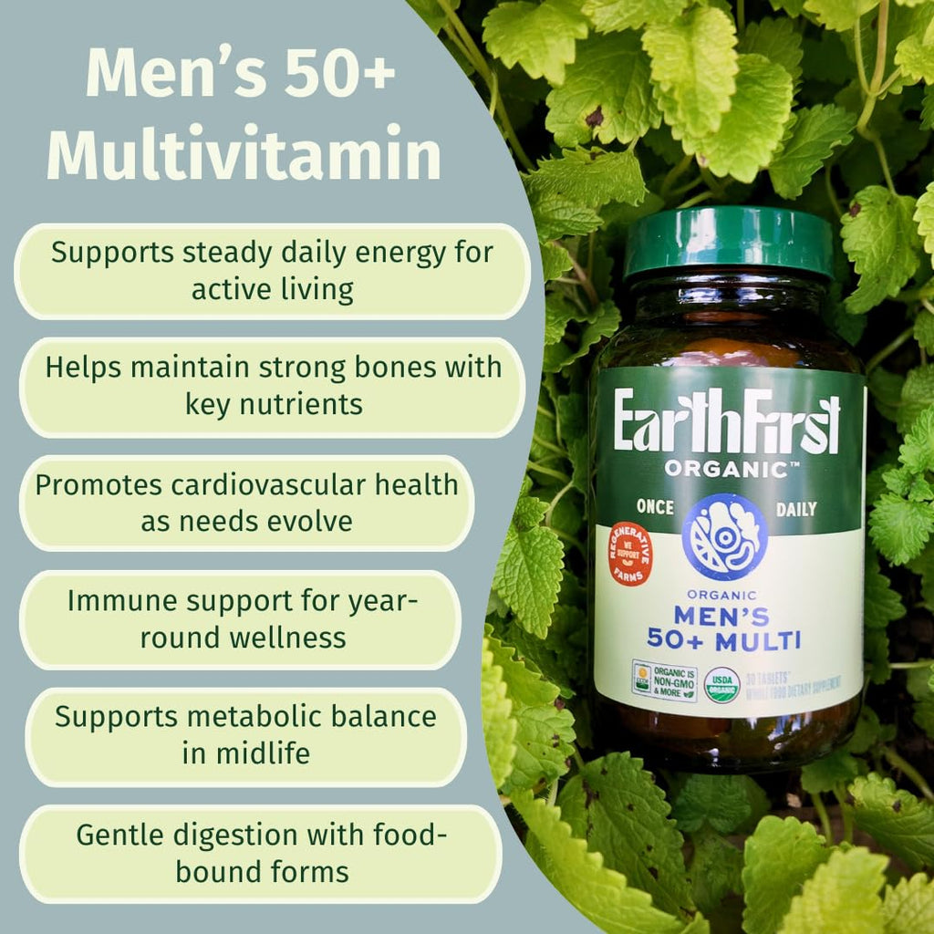 EarthFirst Organic Once Daily Multivitamin for Men 50+, 19 Vitamins from Herbs & Superfoods, Supports Prostate Health, Energy Levels, and Strong Bones, 60 Count