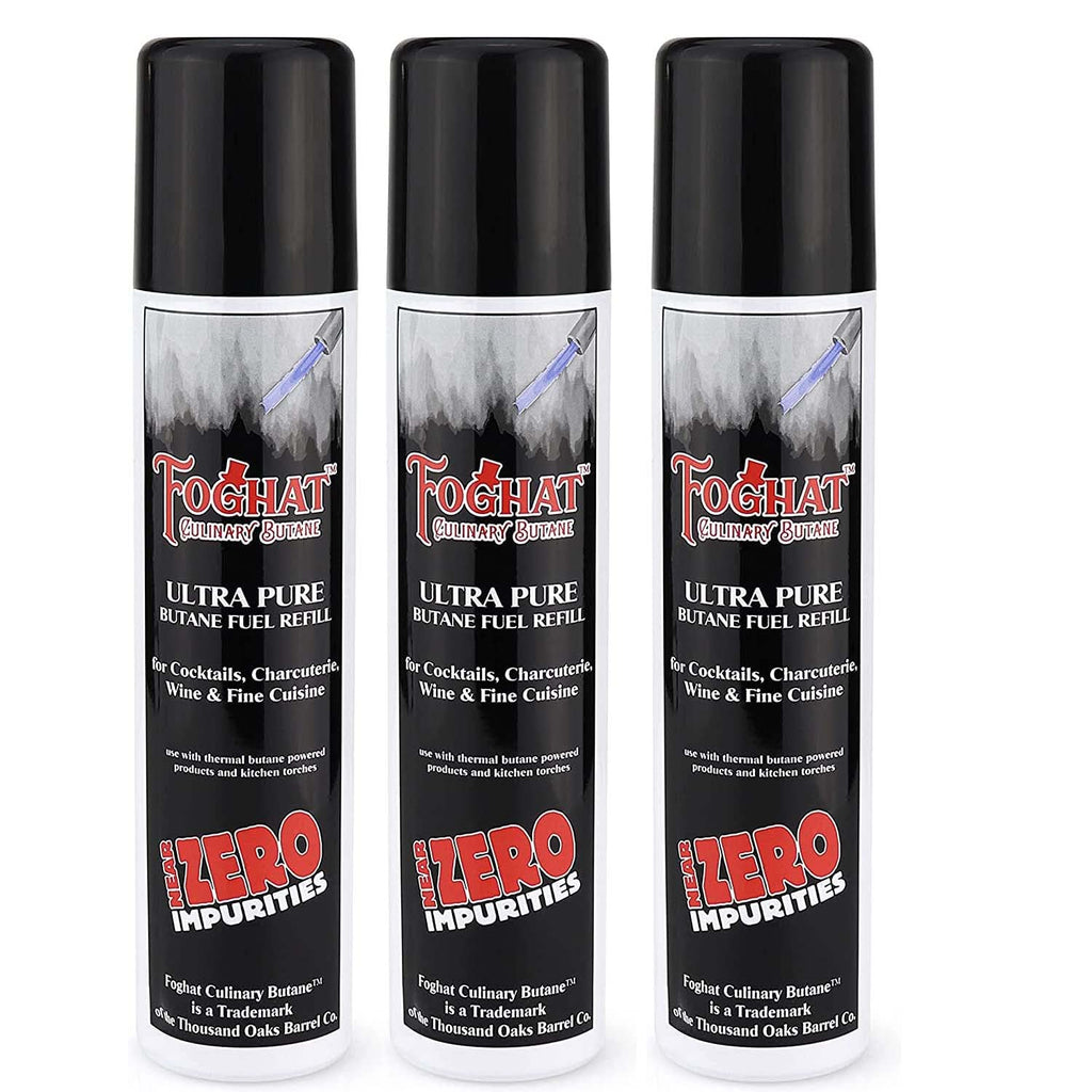 Foghat Culinary Butane Fuel Refill (3 x 60ml) - Torch Lighter Butane Refill Canister, Fits All Kitchen Smoking Torches - Food Grade Ultra Refined For Cocktail Smoker Kit, Creme Brulee Torch