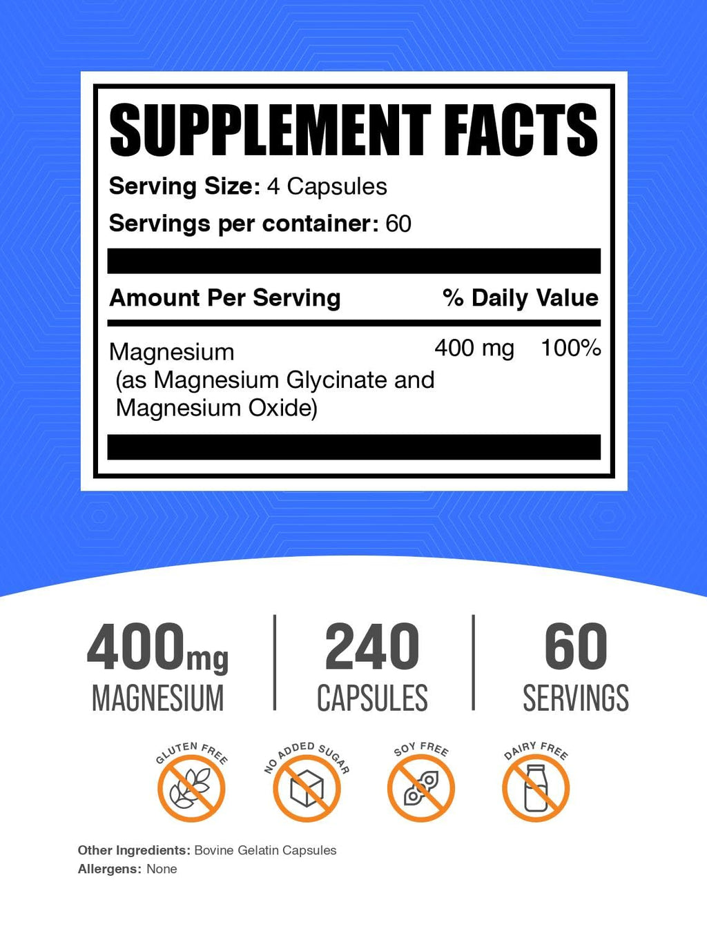BulkSupplements.com Magnesium Glycinate Capsules - Magnesium Supplement, Highly Absorbed Form - Gluten Free, 4 Capsules per Serving (400mg), 240 Count (Pack of 1)