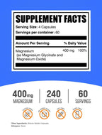BulkSupplements.com Magnesium Glycinate Capsules - Magnesium Supplement, Highly Absorbed Form - Gluten Free, 4 Capsules per Serving (400mg), 240 Count (Pack of 1)
