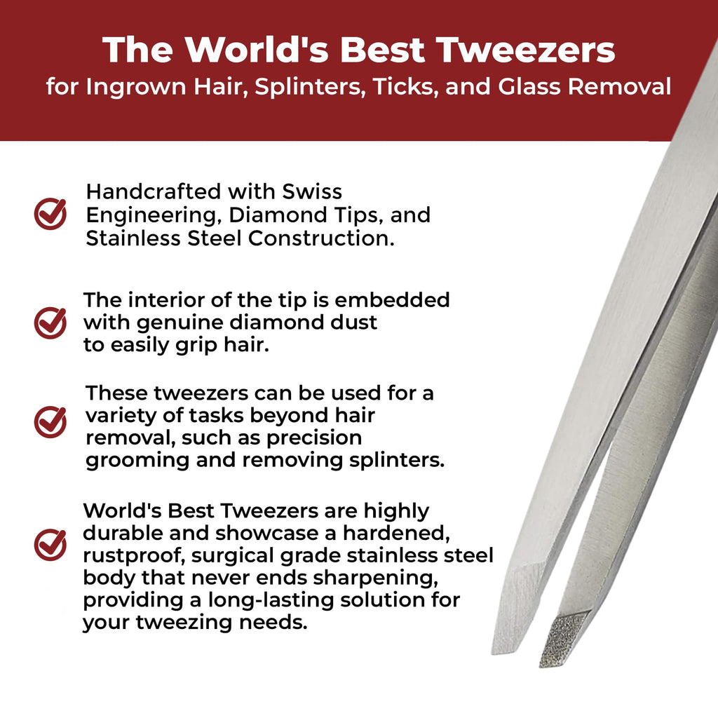 World's Best Tweezers Diamond Tip - Diamond Coated Slant Precision Tweezer for Eyebrow, Facial & Ingrown Hair Removal - Suitably Aligned Stainless Steel Tool Grabs Hair from The Root