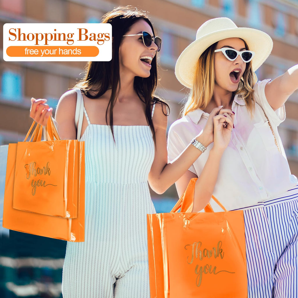 Teling 200 Pcs Thanks Bags with Handle Bulk Thank You Merchandise Bags 3 Size Plastic Packet Retail Shopping Package for Boutique 9 x 12'', 12 x 15'', 15 x 18''(Orange)