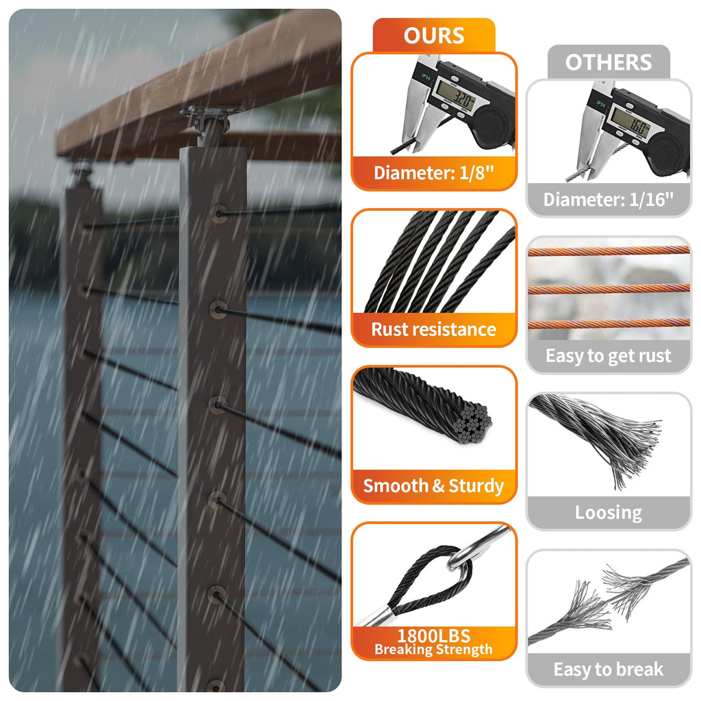 Black Stainless Steel Cable for Railing - 150FT 1/8" T316 Wire Rope for Deck Cable Railing System Kit