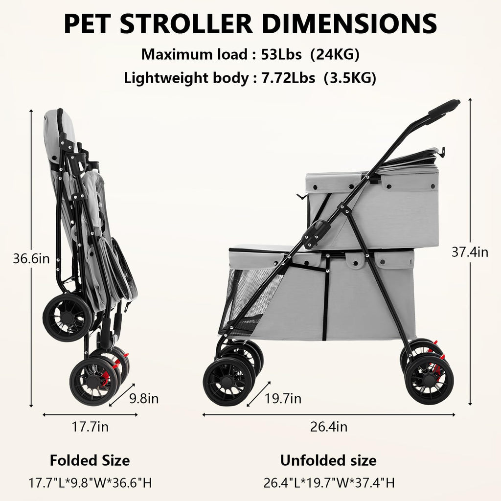 Double Pet Stroller for Medium Small Dogs and Cats with 2 Carriage, Durable Universal Wheels with Brakes Lightweight One Hand Foldale Kittens Puppies Travel Strolling Cart (Gray)