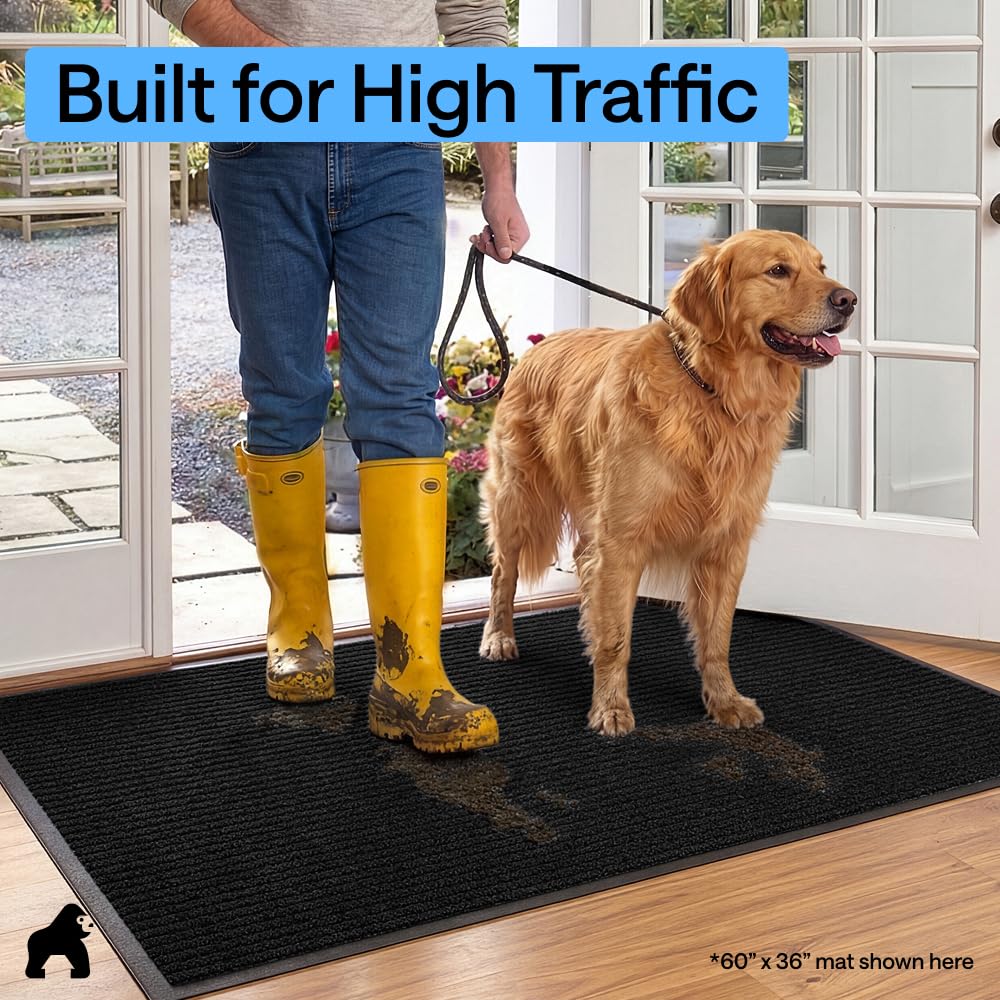 GORILLA GRIP Waterproof Traffic Guard Door Mat, 72x48 Heavy Duty Entryway Floor Mats, Strong Backing Commercial Utility Rugs, Office Hallway, Garage, Home, Low Profile Carpet Runner, Black