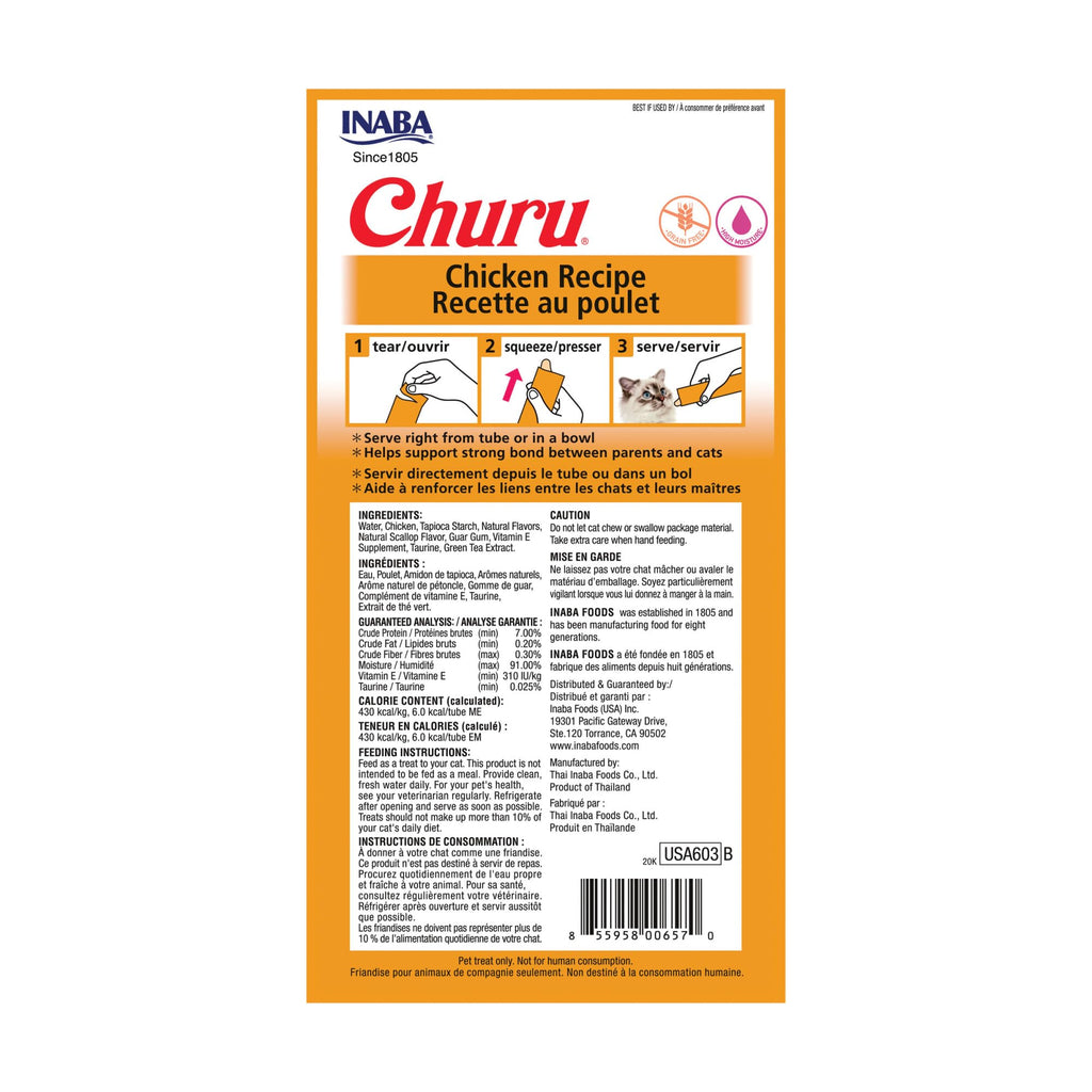 INABA Churu Cat Treats, Lickable, Squeezable Creamy Purée Cat Treat with Green Tea Extract & Taurine, 0.5 Ounces Each Tube, 24 Tubes (4 per Pack), Chicken Recipe