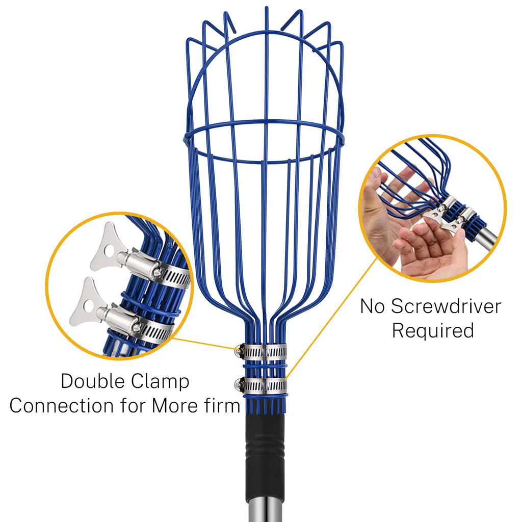 Oak Leaf Fruit Picker, 13 FT Picker Pole with Basket, Length Adjustable Apple Orange Picker Tool Tree Fruit Catcher with Lightweight Stainless Steel Connecting Pole, Foam Pad, 2 Metal Clamp(Upgraded)