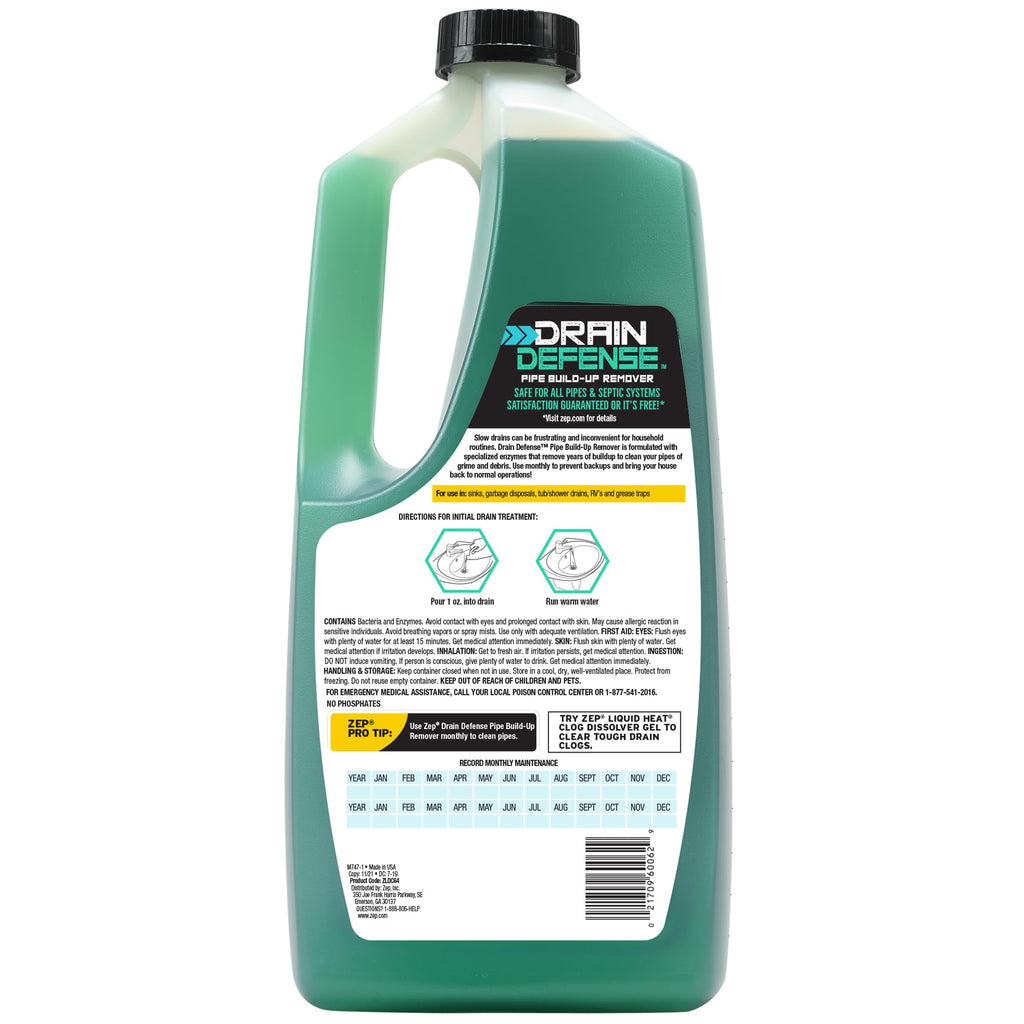 Zep Drain Defense Pipe Build-Up Remover - 64 oz (Case of 4) ZLDC64 - Professional Strength Liquid Pipe Build Up Remover