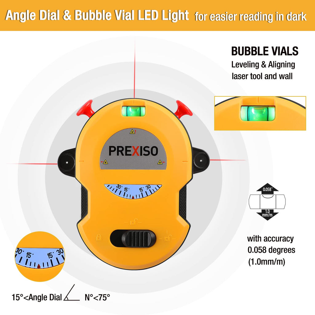 PREXISO Multi Surface Laser Level LED Light Vial, 30Ft Horizontal & Vertical Line Laser with Wall Mount Base, 2 Pins, 10 Sticker, 2 AA Batteries for Hanging Frames & Picture, Construction Gift for Dad