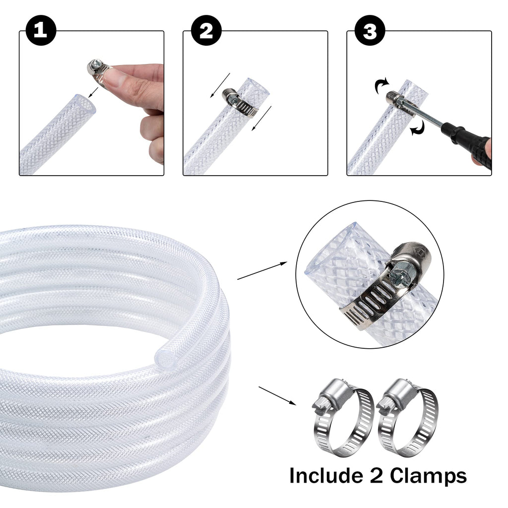 DAVCO 1/2" ID - 10 ft Heavy Duty Braided Clear Plastic Vinyl Tubing, Flexible High Pressure Reinforced PVC Plastic Tube Hose, Non-toxic, BPA Free, with 2 Stainless Clamps