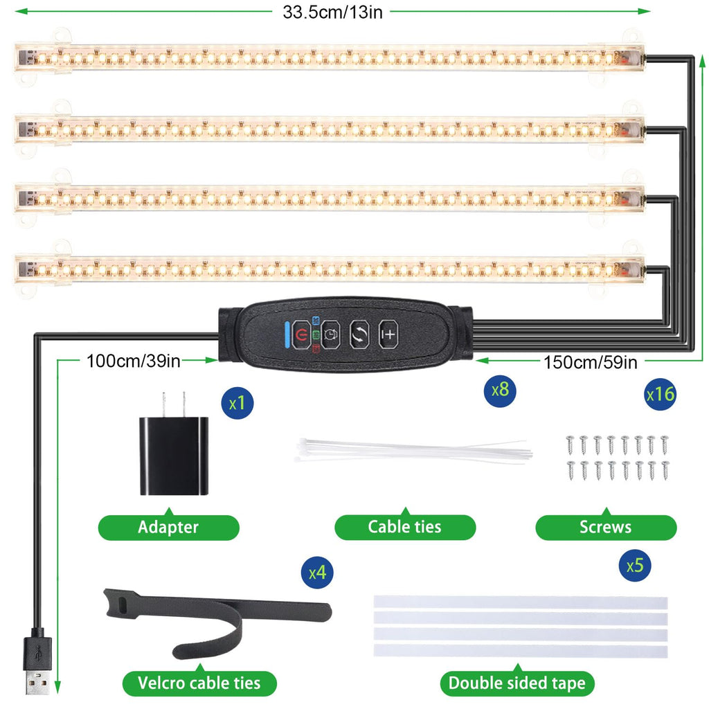 RWNTAO LED Plant Growing Lamp Strips, Full Spectrum 3500K Grow Light for Indoor Plants with 3/9/12H Timer and 10 Dimmable Levels for Green House Hydroponics Succulent, 4 Head 13 Inches