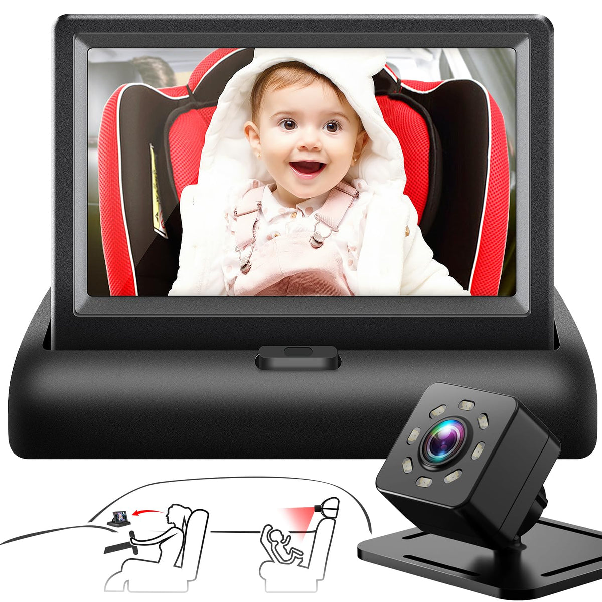 Baby Car Mirror with 4.3'' HD Night Vision Function Display, Safety Car Seat Camera with Wide Crystal Clear View, Easily Observe The Baby’s Move(Not USB)