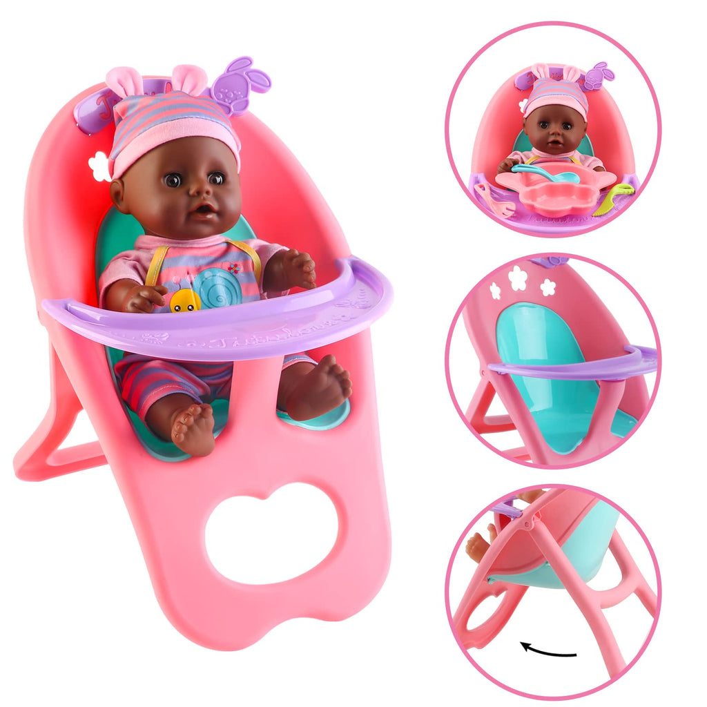 deAO Black Baby Doll Set - Mobile, High Chair, Stroller & Feeding Accessories - 21 Piece Play Set (Doll Included)