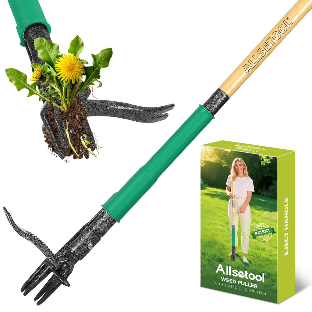 Allsetool Weed Puller Tool with 2 Weed Eject Feature, 43.7in Stand Up Dandelion Remover Tool, Real Bamboo Handle and Metal 4 Claw & Foot Pedal, Heavy Duty Garden Weeder