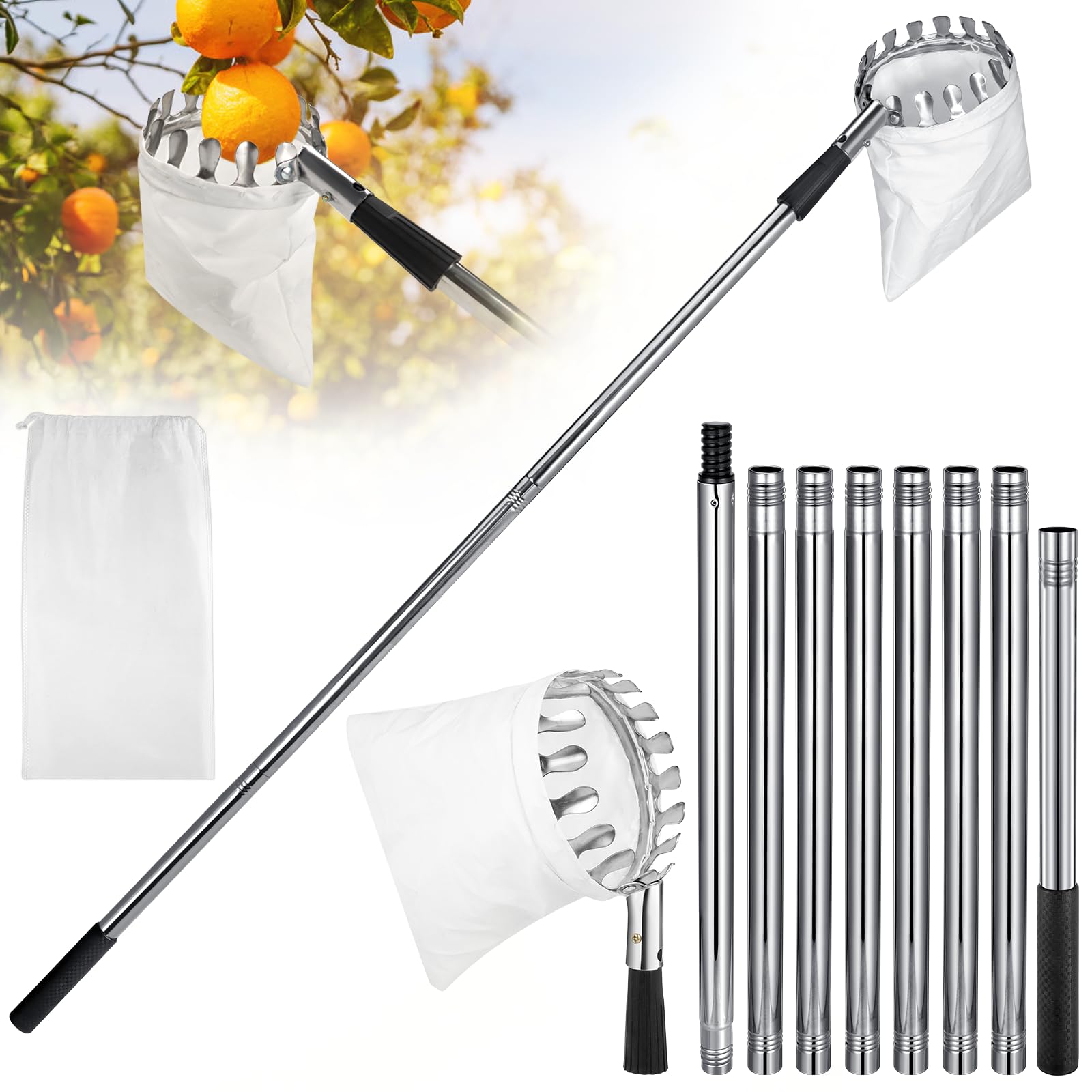 Fruit Picker Pole with Basket Telescoping, 11.5FT Fruits Picker Tool