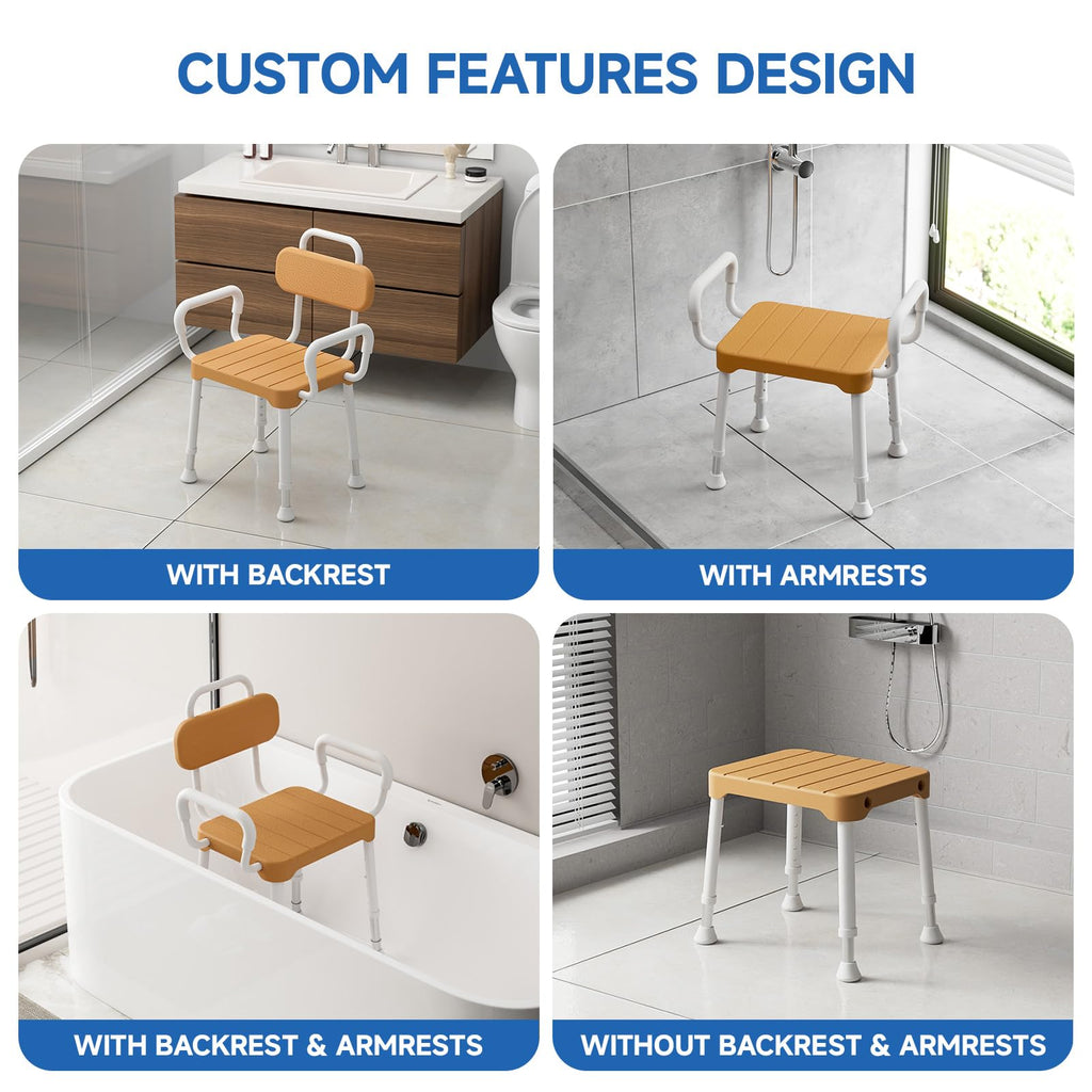 Loyoda Shower Chair for Inside Shower ，Bath Chair with Arms and Back,Aluminum Shower Stool for Tub,Slip Resistant Shower Bench,Height-Adjustable Shower Seat with Padded Handles for Seniors，Brown