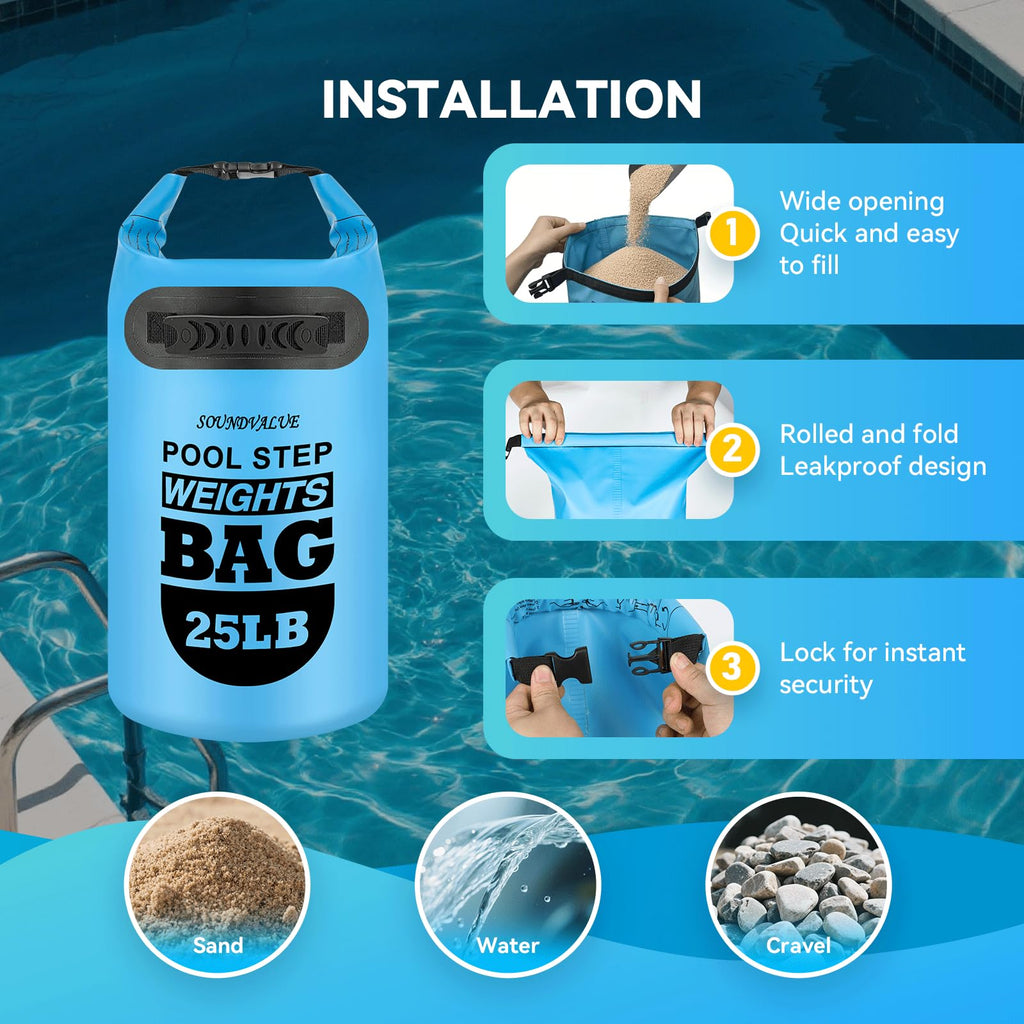 2 Pack 25lb Heavy Duty Pool Ladder Weights, Universal Above Ground Pool Step Sand Bags with Handles, 500D PVC Durable Waterproof & Foldable Sandbags for Swimming Pool Stairs (Sky Blue)
