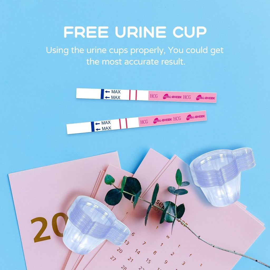 HEAL-CHECK 50 Count Pregnancy Tests with Cups, Bulk Pregnancy Test Strips for Detection at Home, Over 99% Accuracy, Individually Wrapped Fertility Tests, Extra-Wide 5mm HCG Tests, Pruebas De Embarazo