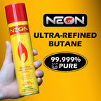 NEON Butane Fuel Refill, 300ml x 4 Cans Ultra Refined Lighter Fluid, Premium 99.999% Pure Butane Gas with Metal Nozzle and 5 Butane Adapter Tips for Torch Lighter, Kitchen Torches, Refillable Lighters