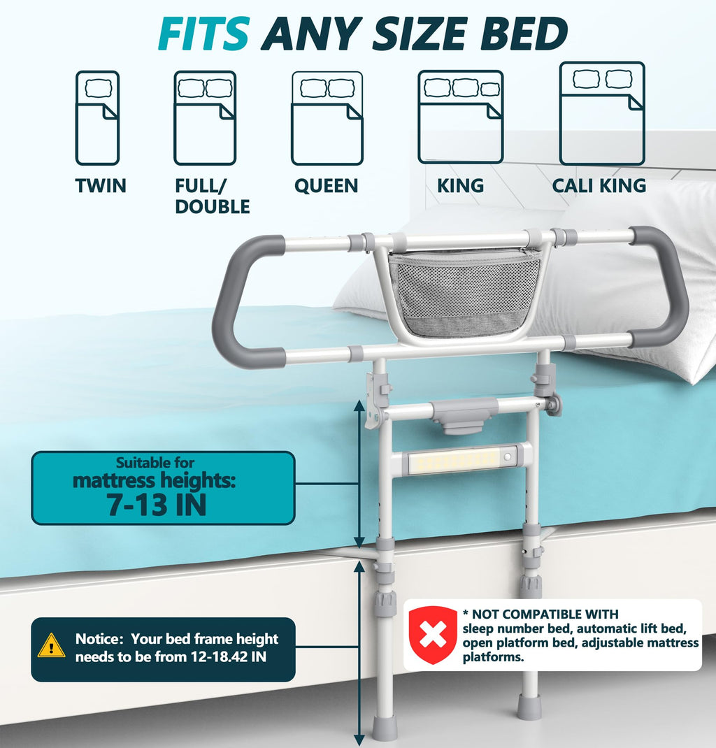Packve Foldable Bed Rails for Elderly Adults Safety - Bed Side Assist Rail for Seniors with Extendable Guard Rails & Storage Bag, Adjustable Height Bedrails for Queen King Full Size Bed
