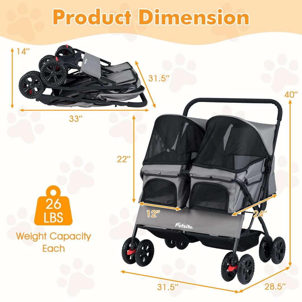 PETSITE Double Pet Stroller, Foldable Double Dog Stroller with 2-Seater Carrier, Adjustable Sunshade, Removable Pad, Safety Belt, Storage Basket, 4-Wheel Pet Travel Cart for 2 Puppies & Cats (Grey)