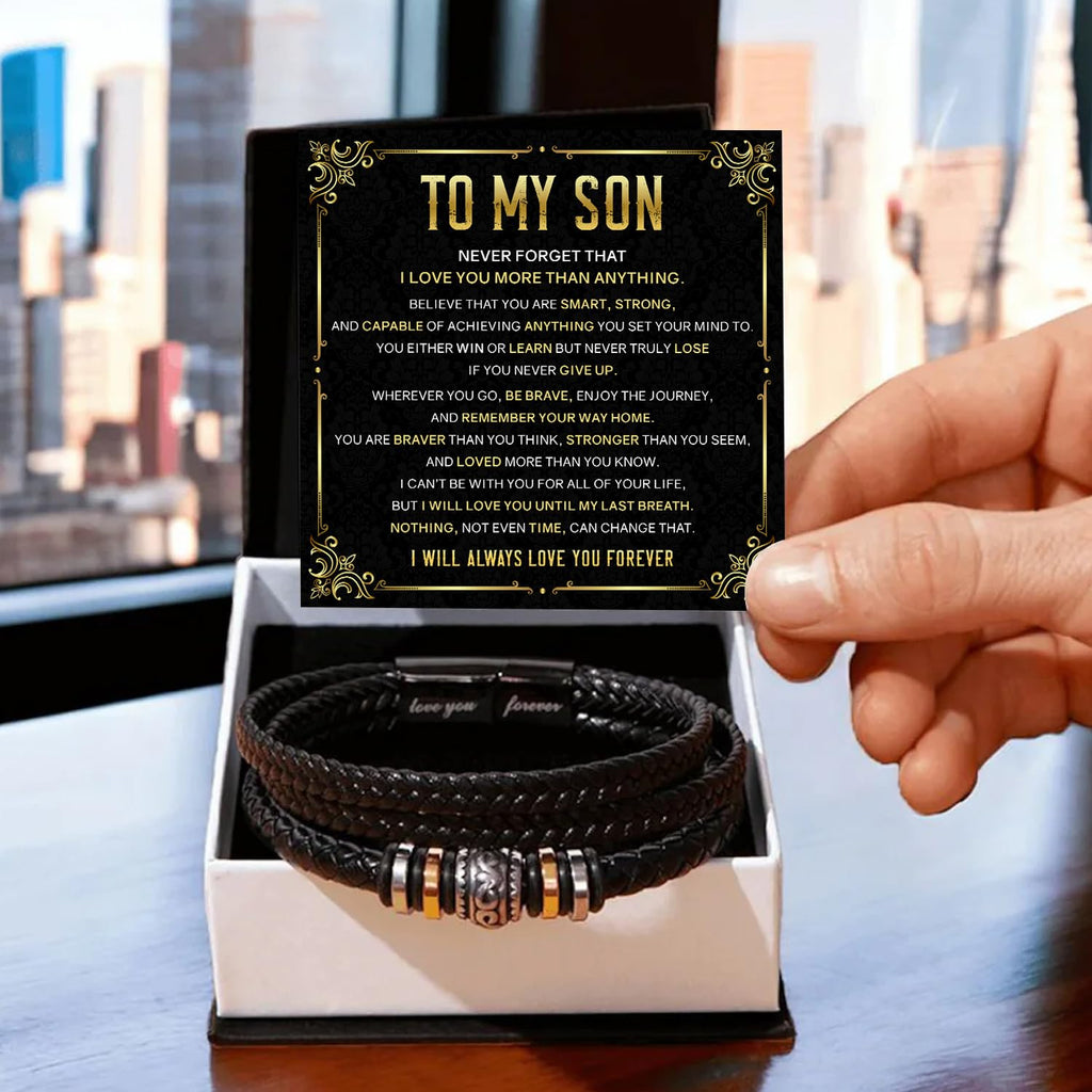 Mapileng To My Son Bracelet – Love You Forever Braided Leather Bracelet from Father and Mother, Meaningful Men’s Gift with Heartfelt Message & Elegant Box for Birthday, Graduation, Christmas