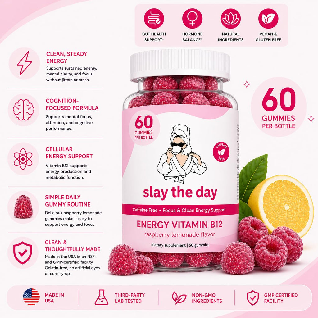 Balancing Act – Slay The Day Energy Gummies – Caffeine Free Focus & Clean Energy Support – with Vitamin B12, CoQ10 & Cognizin® Citicoline – Raspberry Lemonade – 60 Count (30 Day Supply)
