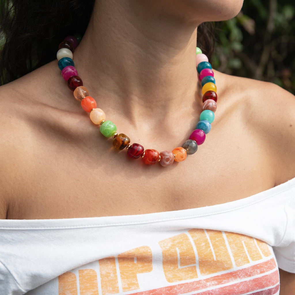 TENTMENTISE Colorful Beaded Necklace for Women, Gold Statement Choker Necklace, Chunky Bead Necklaces for Women, Womens Summer Beach Jewelry Gifts