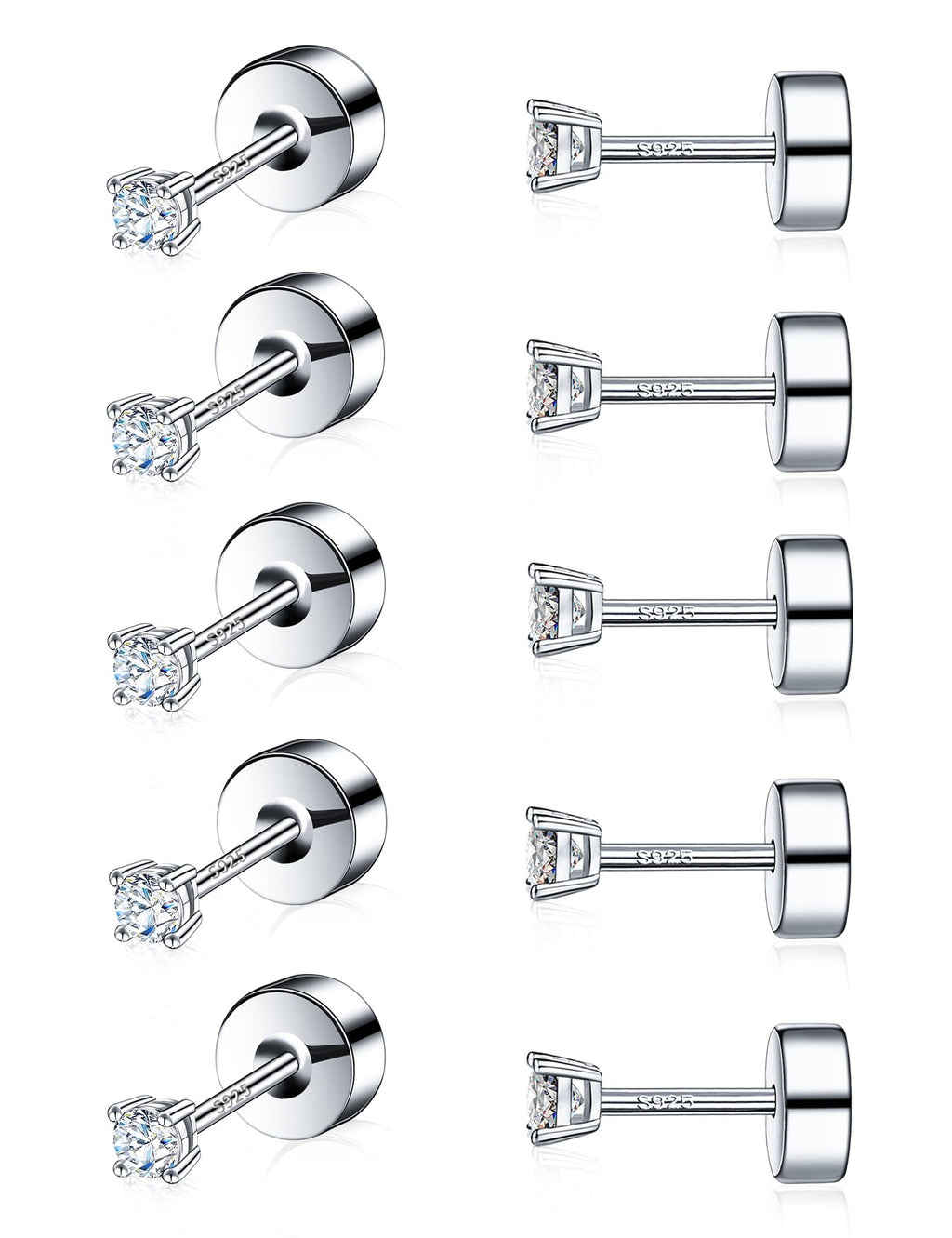 5 Pairs Tiny Moissanite Cartilage Stud Earrings Set,18K White Gold Plated Small Sterling Silver Earrings,Hypoallergenic Threadless Earring for Women Men (5 Pairs-2mm-18K White Gold)