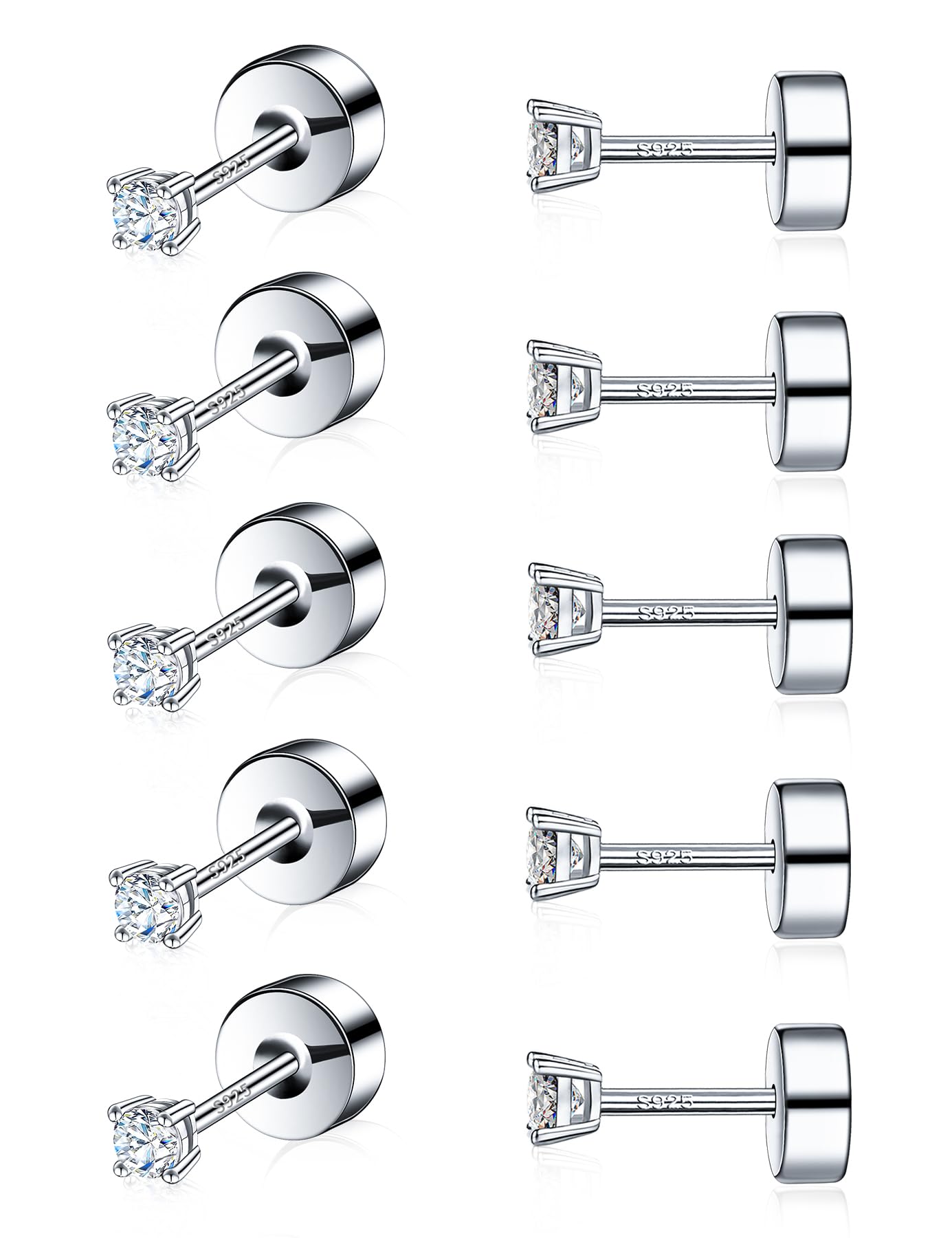 5 Pairs Tiny Moissanite Cartilage Stud Earrings Set,18K White Gold Plated Small Sterling Silver Earrings,Hypoallergenic Threadless Earring for Women Men (5 Pairs-2mm-18K White Gold)