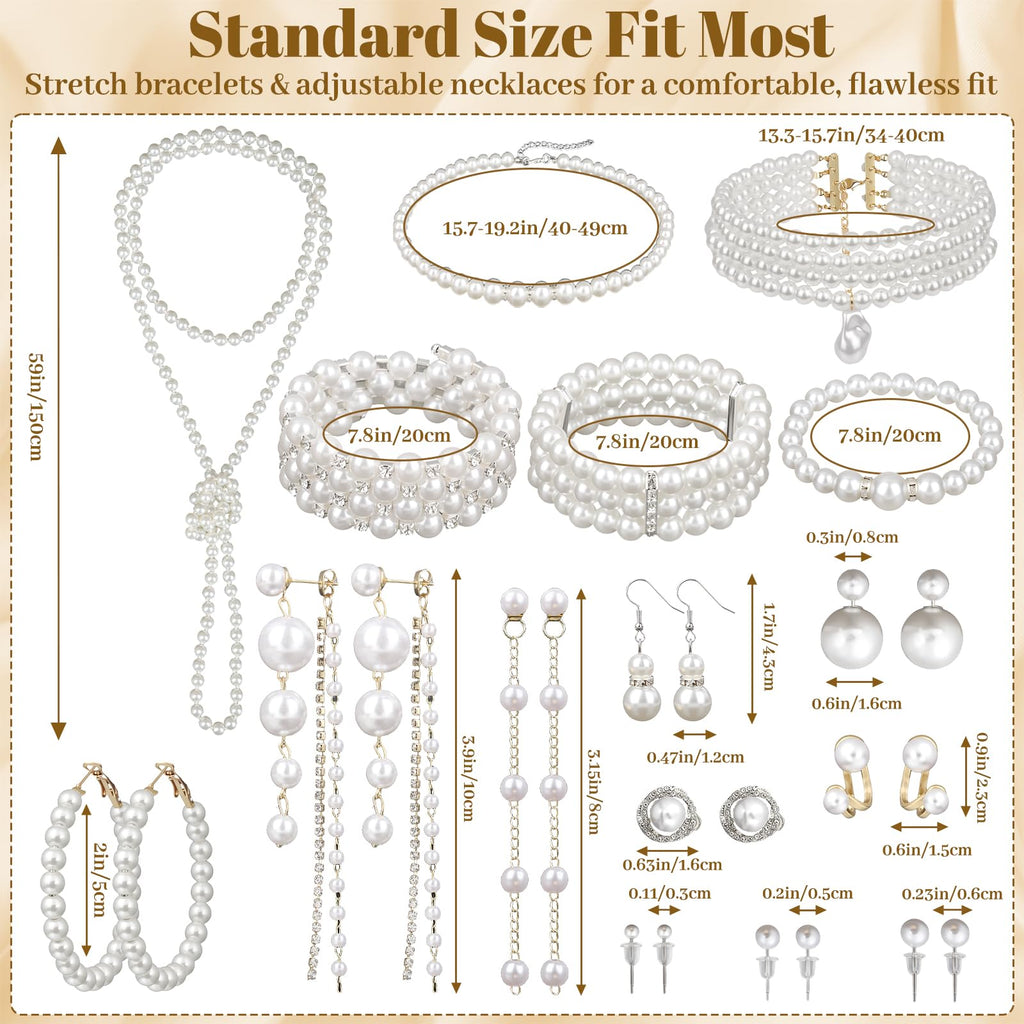 Jupwalz 16 Pcs Pearl Jewelry Set with Necklace, Earrings and Bracelets, Pearl Necklaces for Women, Faux Pearls Set Jewelry for Wedding Bridal Christmas Party